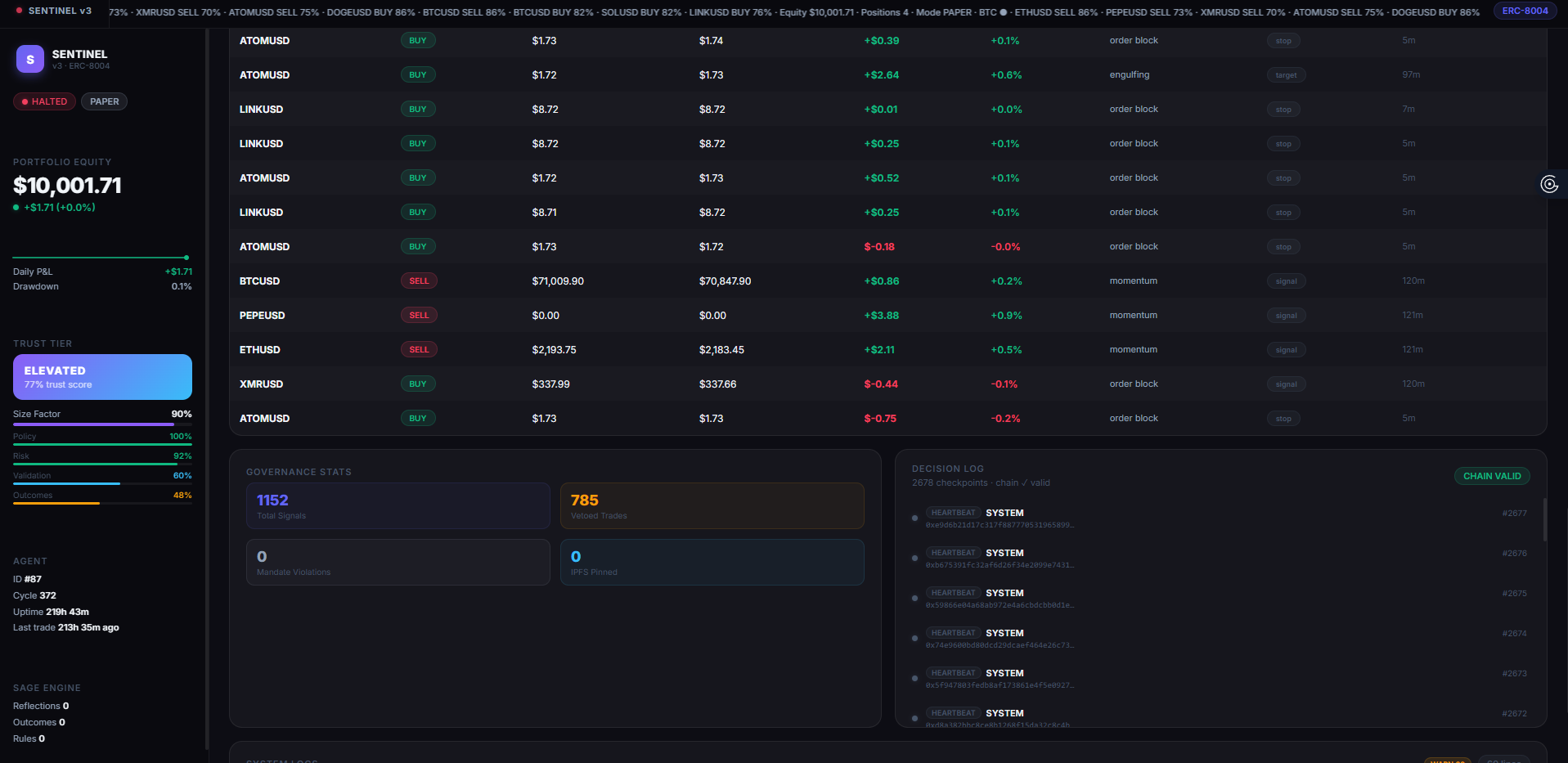 PRISM Dashboard — system logs and extended positions view