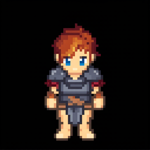FLUX pixel art example with red hair and gray armor