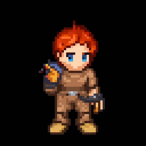 FLUX pixel art example with red hair and brown armor