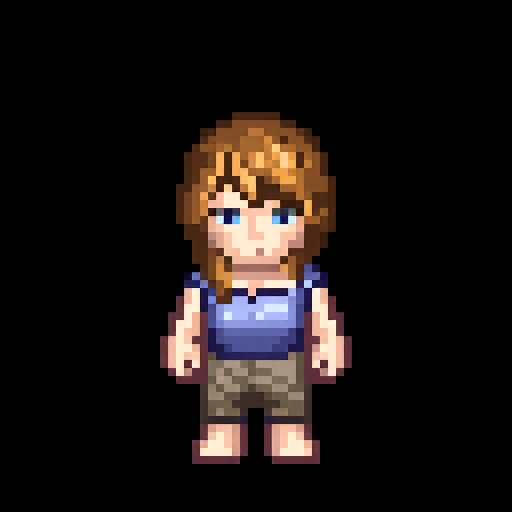 FLUX pixel art example with brown hair and blue clothing